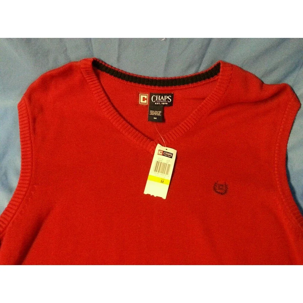 Chaps Sweater Vest Red 100% Cotton Preppy Grandpa Teacher Men's Size Medium - Picture 2 of 7